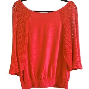 NEW DIRECTIONS Red Top with Open Knit Lace/Crochet 3/4 Sleeves